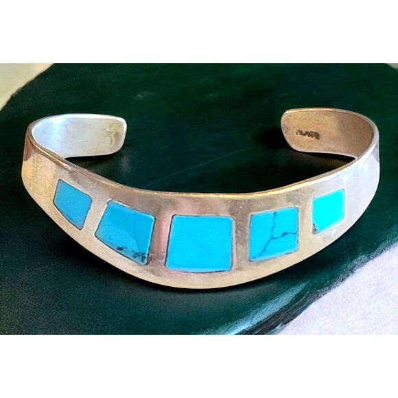 Vintage Taxco Mexico Turquoise Inlay 925 Sterling Silver Cuff Bracelet